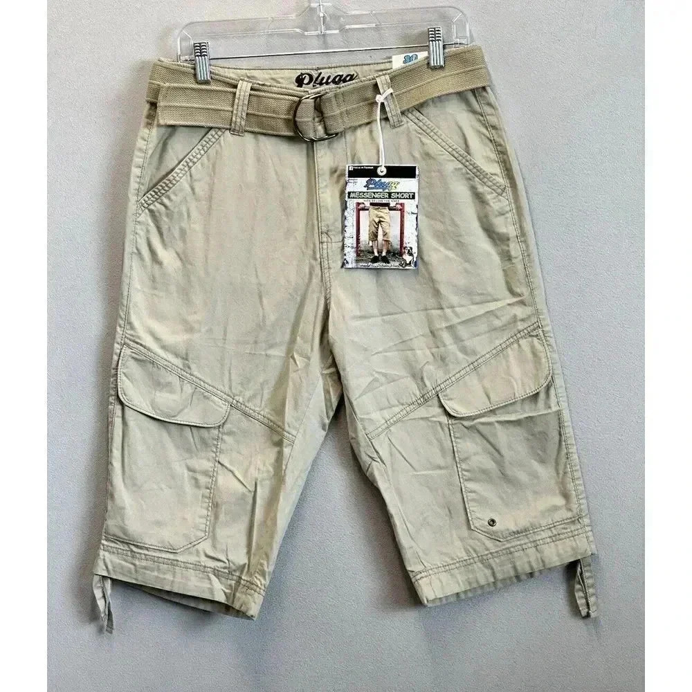 NWT Plugg Men's Sz 30 Belted Hits Below Knee Beige‎ Cargo Messenger Shorts NEW!
